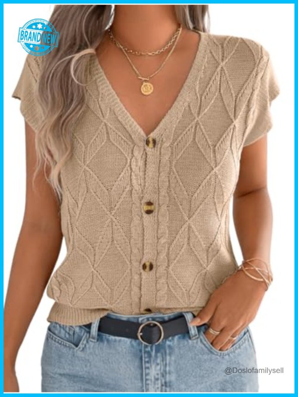Women's Sweater Vest Cap Sleeve V Neck Button Down Argyle Knit Top